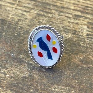 Vintage Sterling Silver Ring with Blue Cardinal Design 925 Inlay